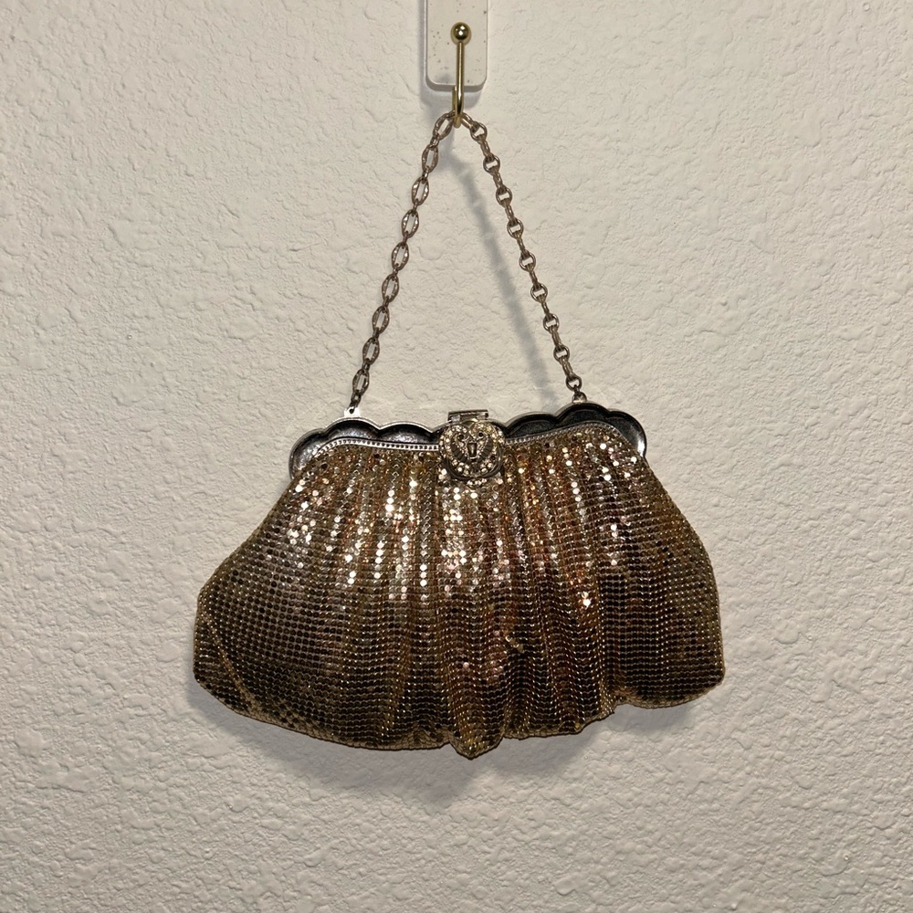 Whiting & Davis Gold Chainmail Mesh Crystal Evening Bag Mid Century Sm Purse Vtg